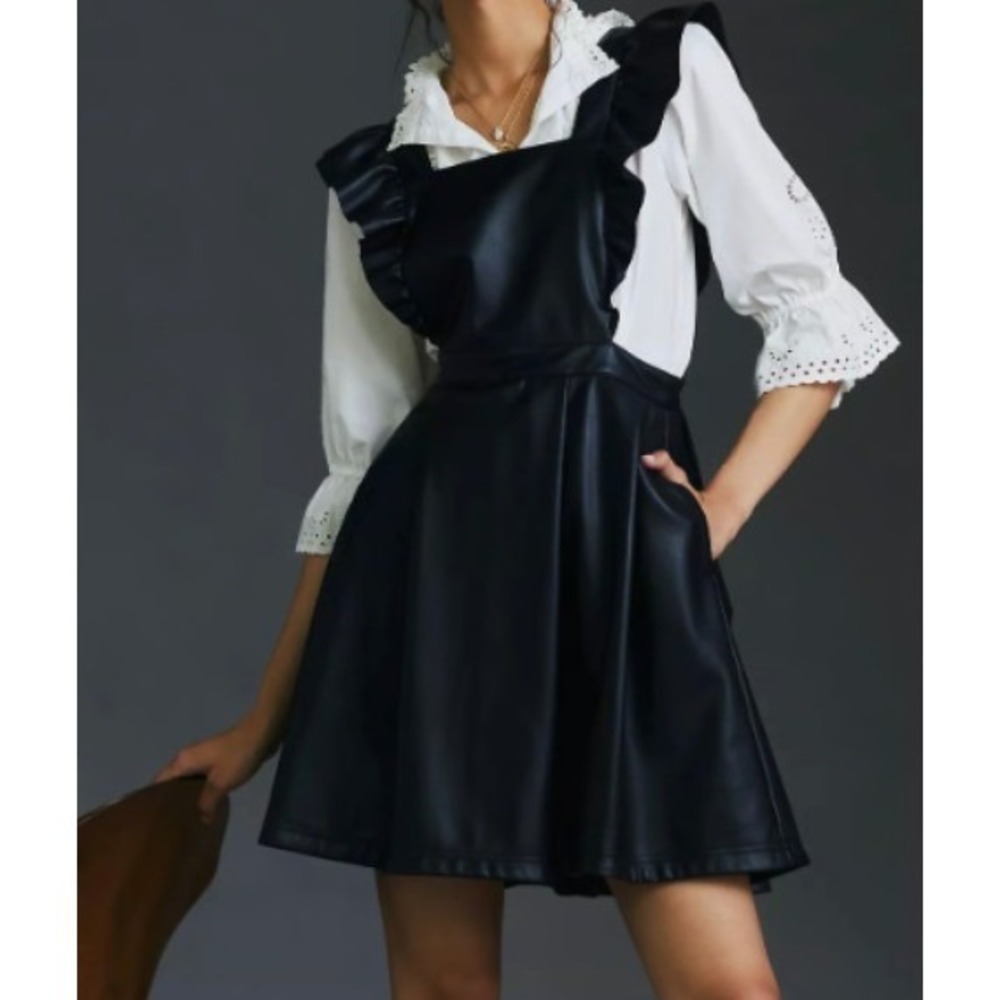 Anthropologie Maeve Vegan Leather Mini Dress 6 Black Pearl Buttons Party Dress‎